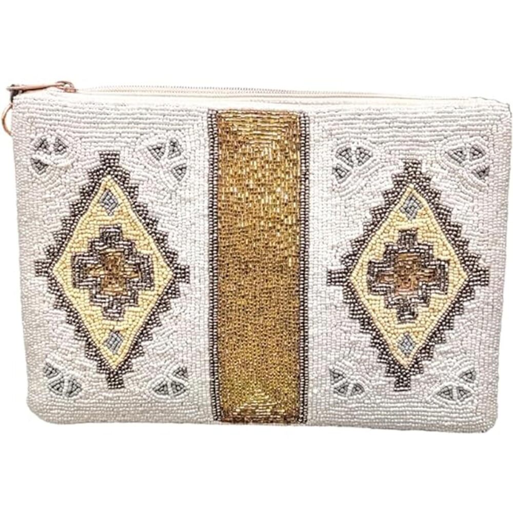 4382 Embroidered Clutch Purse with Chain Straps - Glass Bead Embroidery